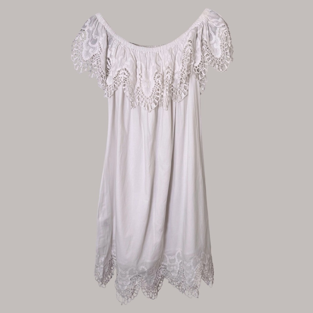 White Graduation Boho Cottagecore Dress 2X Off‎ Shoulder Crochet Lace Vacation